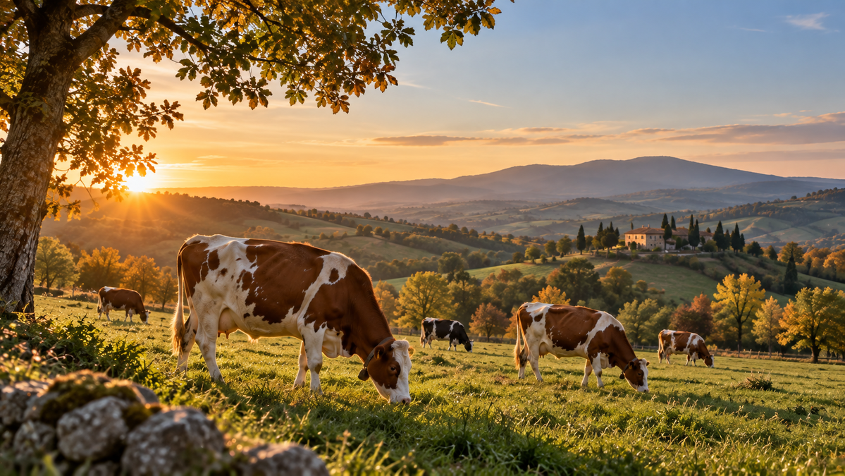 Mucche al pascolo in un prato verde