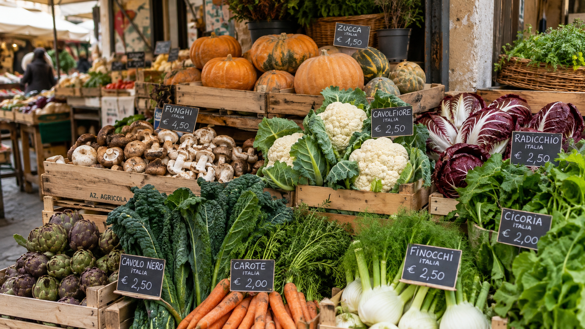 Banco di un mercato con frutta e verdura di stagione